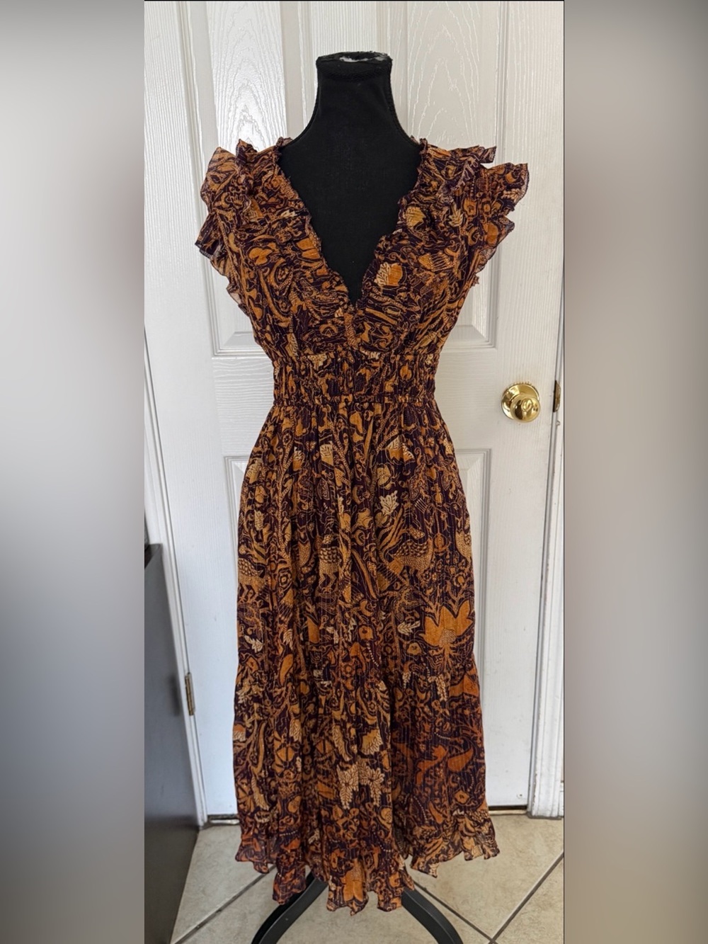 Ulla Johnson Samara Dress Size 0 Brown Metallic Floral Ruffle Midi Boho
